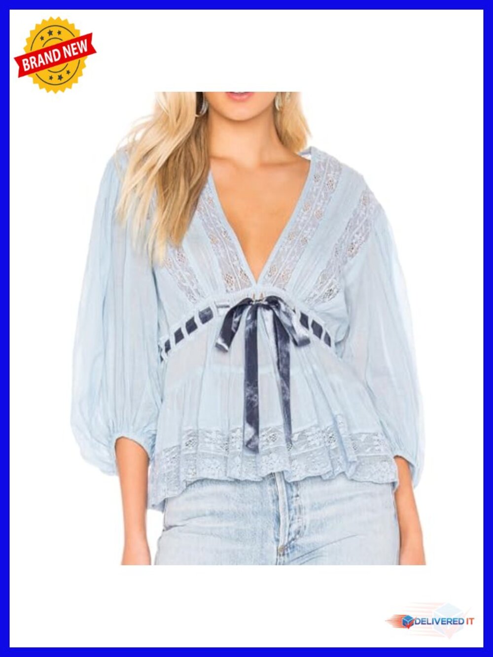 Women Lace Trim Sheer Top V Neck Puff Sleeve Chiffon Tie Front